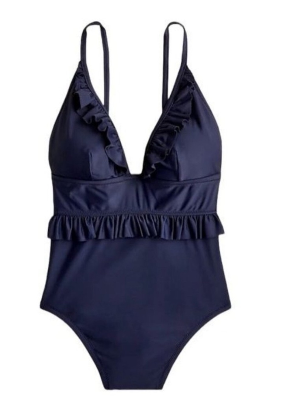 J. Crew Long Torso Ruffle Deep V One Piece Swimsuit Size 0 Navy NWT